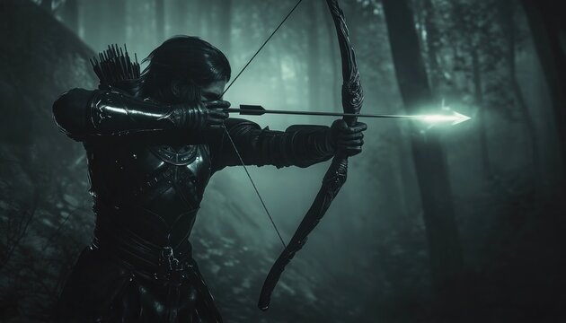 Determined archer shooting luminous arrow in dark forest