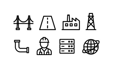 Infrastructure icon set: bridge, road, factory, tower, pipe, worker, server, globe