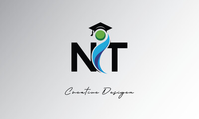 NT Creative Letter Logo with Graduation Cap and Abstract Human – Modern Education and Learning Symbol Design