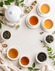 Circle of various herbal teas and tea leaves on a soft cotton background with warm hues