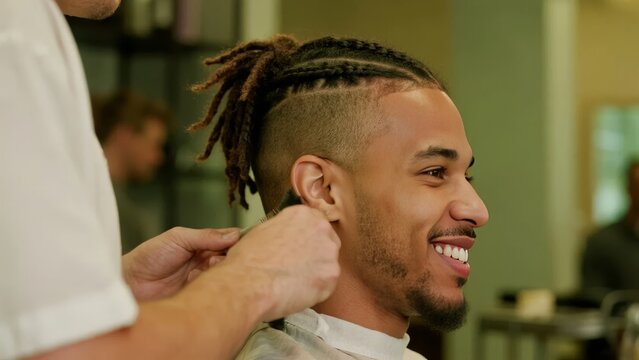 A barber styles a client's hair with precision, focusing on detailed dreadlock maintenance in a professional setting.