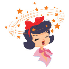 Woman with dizziness and stars flying around head.