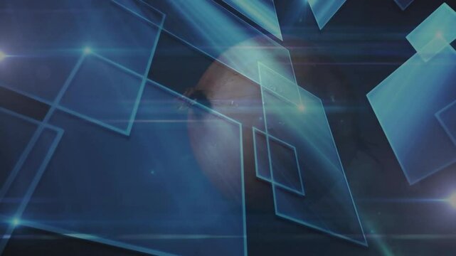 Upon starting 3D blue rectangles sliding in pulsing nodes rotating dark sphere revealing surface