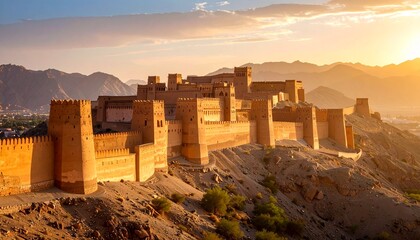 Captivating castle set against a desert backdrop captured from a close-up perspective