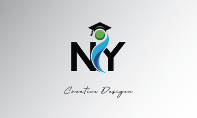 NY Creative Letter Logo with Graduation Cap and Abstract Human – Modern Education and Learning Symbol Design