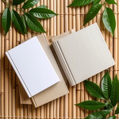 Relaxation book resting on a bamboo mat surrounded by natural monochrome hues