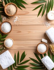 Relaxing spa items arrangement on a wooden table with bath salts and natural elements