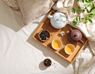Elegant tray with loose leaf tea and teapot on plush background with soft spring hues