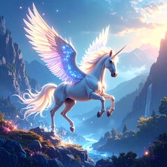Majestic unicorn with wings soaring over towering mountain in a serene fantasy landscape