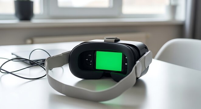 High-Tech VR Headset Displaying Green Screen Ready for Immersive Virtual Reality Gaming, Futuristic Virtual Reality Goggles Ready for Post-Production Chroma Keying