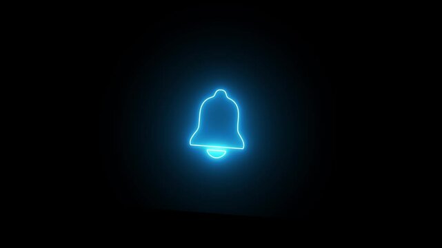 Glowing neon notification bell icon animated on a black background. Neon bell icon. 4kvideo