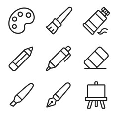 Fototapeta premium Drawing tools simple icons collection. Outline symbols. Line design