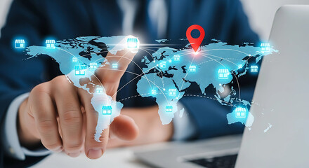 A hand interacts with a digital world map displaying business locations and connections