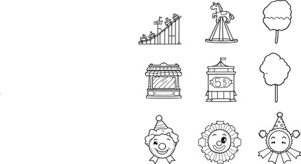 Obraz premium .: Black-and-White Vector Illustration of Carnival & Amusement Park Icons – Whimsical Set Featuring Rides, Stalls, and Clowns
