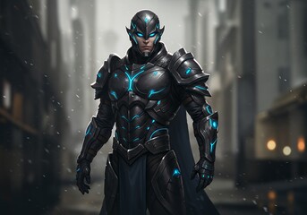 Futuristic Knight: Dark Armor Glowing Blue Accents Urban Setting.