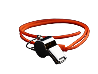 Red whistle with cable isolated on white background for technology and communication concept image