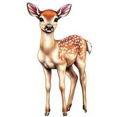 Fototapeta premium Detailed realistic illustration of a young fawn deer standing with alert ears and spotted coat on white background