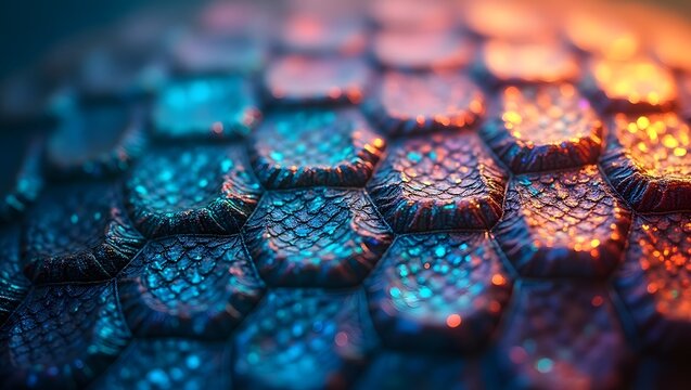 Closeup of hand gently touching iridescent dragon scales, showcasing vibrant colors and textures - Powered by Adobe