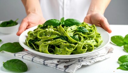 Green Fettuccine Pasta Dish With Basil