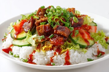 Tasty rice plate with meat, tomato, cucumbers, lettuce, and sliced green onions