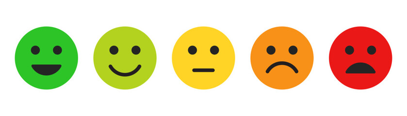 Fototapeta premium Emoji faces collection. Cartoon symbol, feedback rating emoji icon set. Rating emoji set. Feedback rating scale with emoji faces vector illustration.