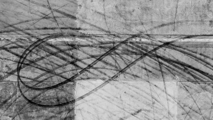 Aerial view car tire marks abstract street road background with black tire marks on race track,...