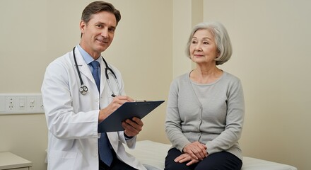 Doctor and Patient Consultation: Medical Exam Healthcare Elderly Woman Smiling Physician.
