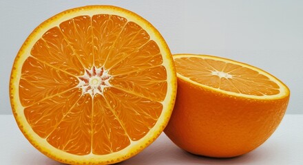 Vivid Still Life: Two Halved Oranges Hyperrealistic Detail Bright Lighting.