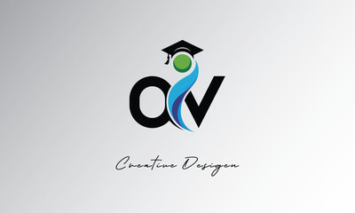 OV Creative Letter Logo with Graduation Cap and Abstract Human – Modern Education and Learning Symbol Design