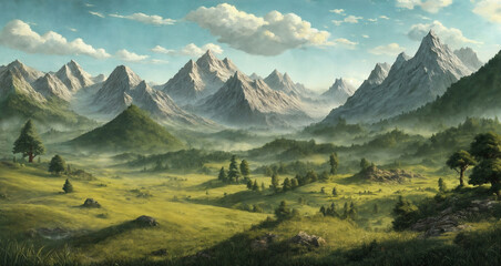 Breathtaking valley with ancient trees against the backdrop of majestic mountain ranges. Concept of modern art, articles about ecology, nature, adventures, exploration and preservation of natural