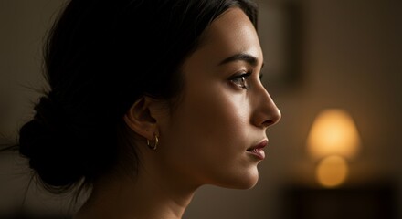 Pensive Profile: Young Womans Thoughtful Gaze in Warm Intimate Lighting.