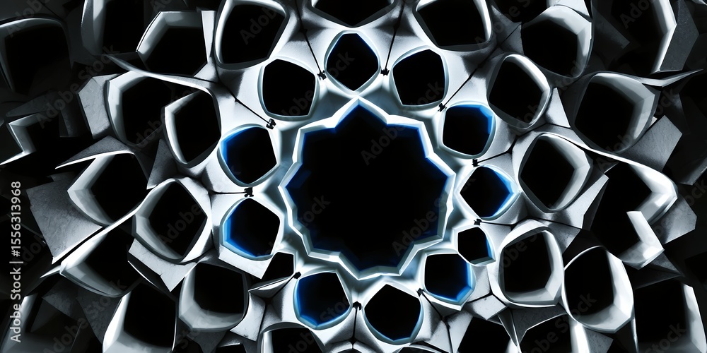Fototapete abstract rendering of a complex geometric design with repeating shapes and blue accents