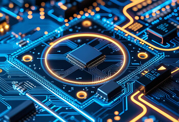 Image name: close view of green electronic circuit board with processor and computer components