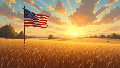 Flag Waving Over Golden Wheat Field at Sunset