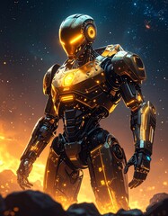 Fototapeta premium Robot with epic exoskeleton standing in desert with radiant gold glow and textures