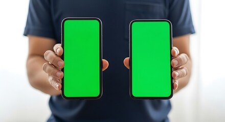 Person Holding Up Two Smartphones with Green Screens, Man Showing Two Mobile Phones With Green Mockup Screens