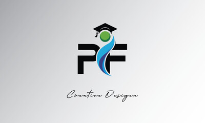 PF Creative Letter Logo with Graduation Cap and Abstract Human – Modern Education and Learning Symbol Design