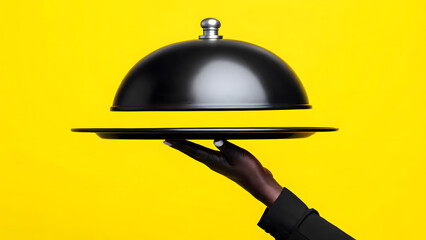 Black cloche and tray being held up by a dark-skinned hand on a bright yellow backdrop presents fine dining.