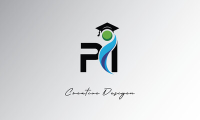 PI Creative Letter Logo with Graduation Cap and Abstract Human – Modern Education and Learning Symbol Design
