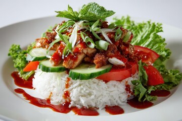 Appetizing food on a white plate with rice, chicken, vegetables, and sauce
