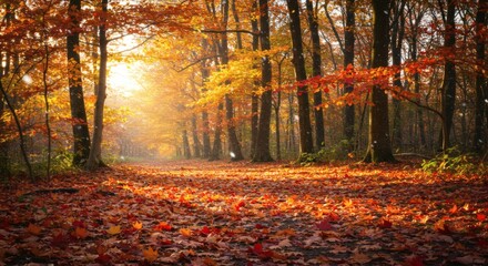 Autumn Forest Path Sunlit Bright Colorful Leaves Falling Scene