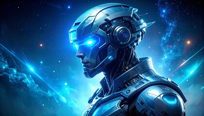 Futuristic robot in space with icy cyan glow against a cosmic background