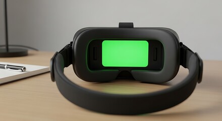 VR Headset Mockup with Green Screen Display on Wooden Desk, Virtual Reality Device for Immersive Gaming and Simulations