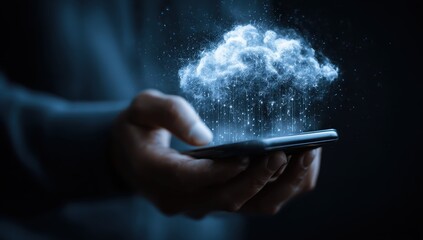 Hand holds a phone displaying a glowing cloud formation with falling particles