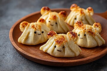 Cute dumpling snacks shaped like bears on a wooden platter against a gray background