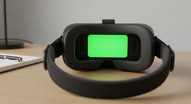 VR Headset Mockup with Green Screen Display on Wooden Desk, Virtual Reality Device for Immersive Gaming and Simulations