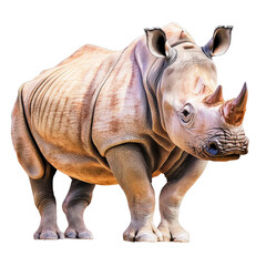 Obraz premium Large detailed realistic adult rhinoceros with prominent horn and textured thick skin standing isolated on white background
