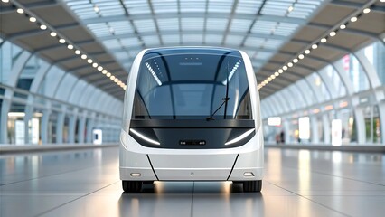 airport autonomous transport concept Futuristic autonomous vehicle in a sleek, modern transport terminal.