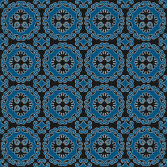 Seamless black and blue pattern. Mongolian traditional motifs. Swatch is included. 