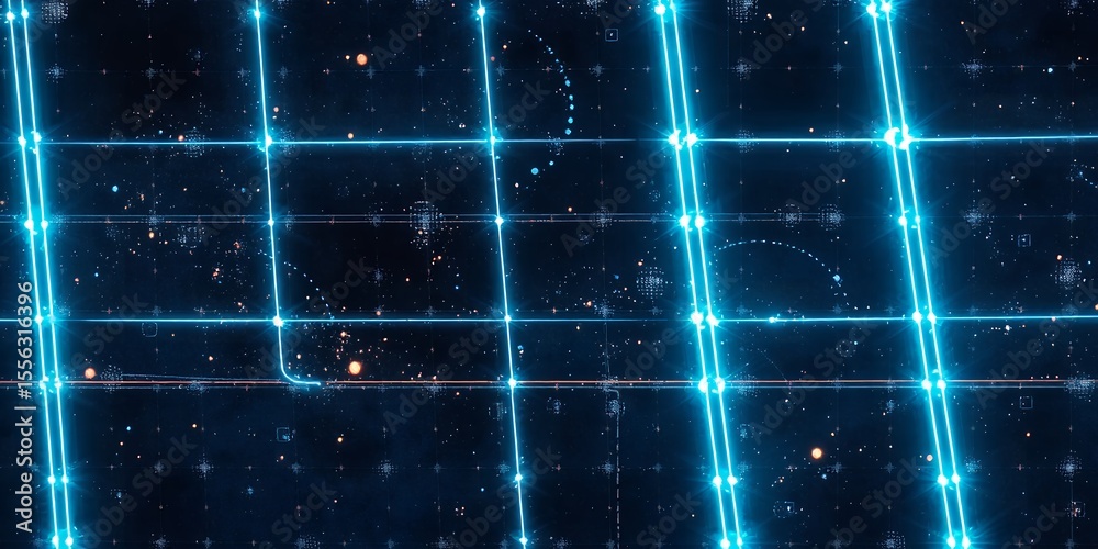 Poster abstract grid pattern with glowing blue lines and scattered light points on a dark background